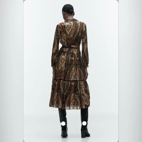 Zara Alabama Belted Midi Shirt Dress Women’s Medium Gold Paisley Lurex Button Up - Picture 6 of 13